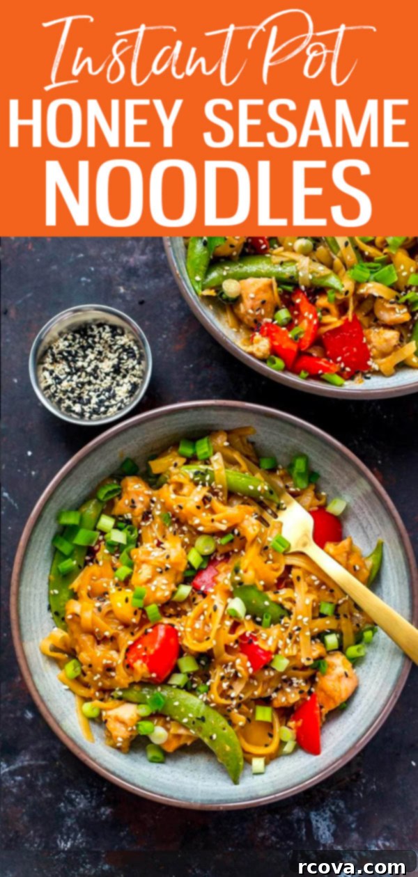 Instant Pot Sticky Honey Sesame Chicken Noodle Bowls 11 These Instant Pot Honey Sesame Chicken Noodle Bowls are ready in 20 minutes and will satisfy all your takeout cravings with way less calories. #instantpot #noodlebowls