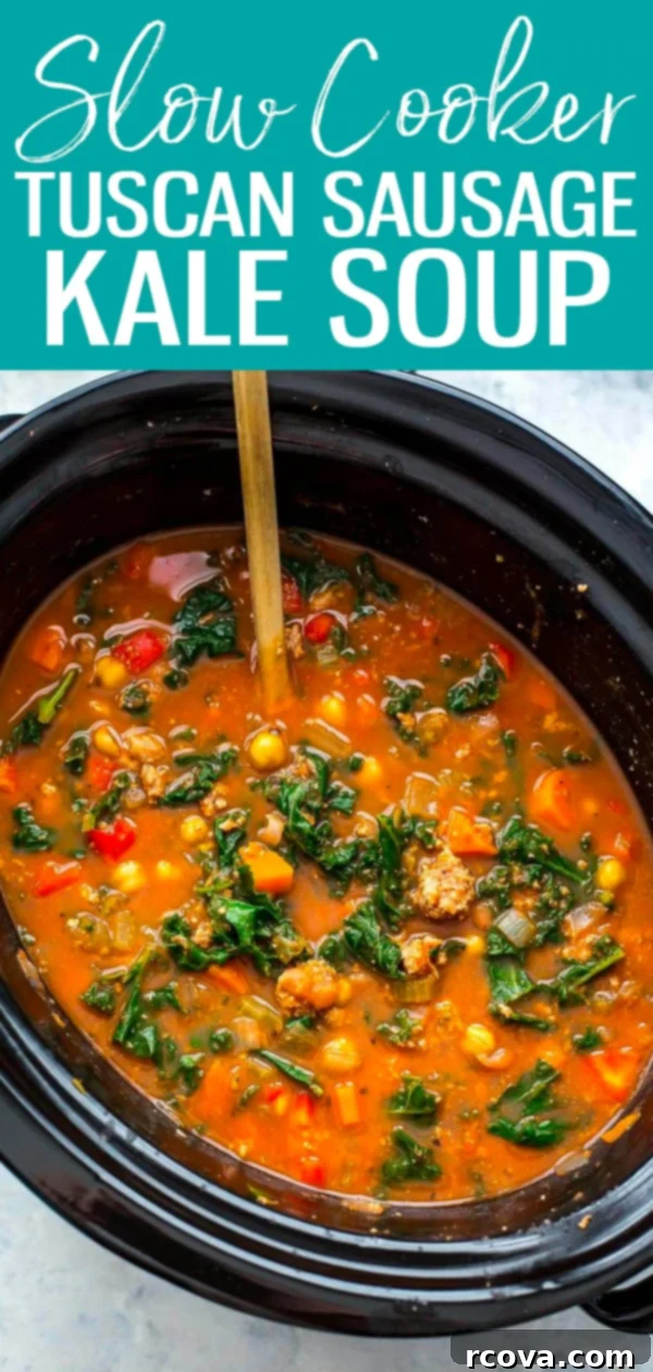 Hearty Tuscan Sausage and Kale Slow Cooker Soup 9 This Slow Cooker Tuscan Sausage and Kale Soup is a hearty, veggie-filled comfort food option for cold days - just dump it all in the crockpot then set it and forget it!  #kalesoup #tuscansausage #slowcooker