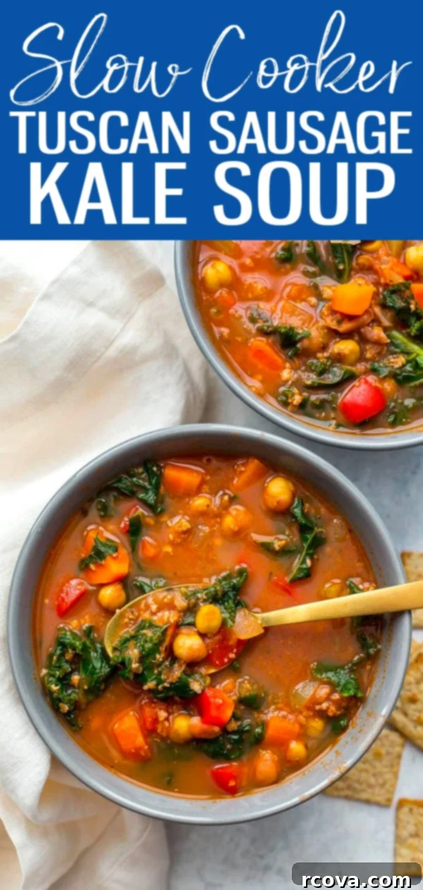 Hearty Tuscan Sausage and Kale Slow Cooker Soup 10 This Slow Cooker Tuscan Sausage and Kale Soup is a hearty, veggie-filled comfort food option for cold days - just dump it all in the crockpot then set it and forget it!  #kalesoup #tuscansausage #slowcooker