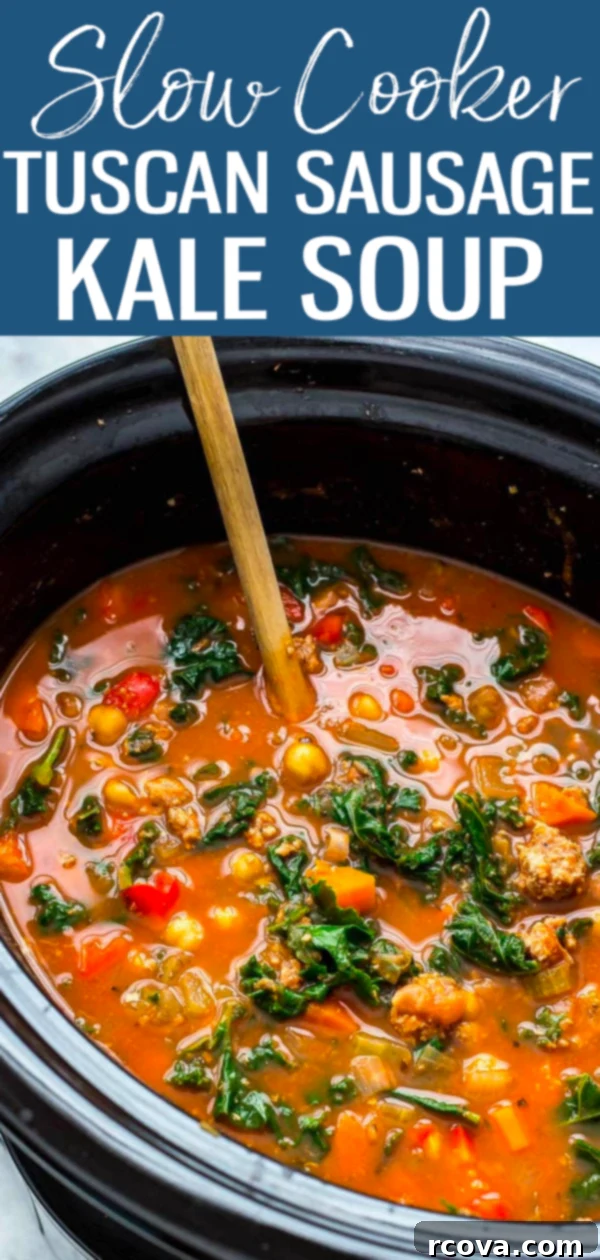 Hearty Tuscan Sausage and Kale Slow Cooker Soup 11 This Slow Cooker Tuscan Sausage and Kale Soup is a hearty, veggie-filled comfort food option for cold days - just dump it all in the crockpot then set it and forget it!  #kalesoup #tuscansausage #slowcooker
