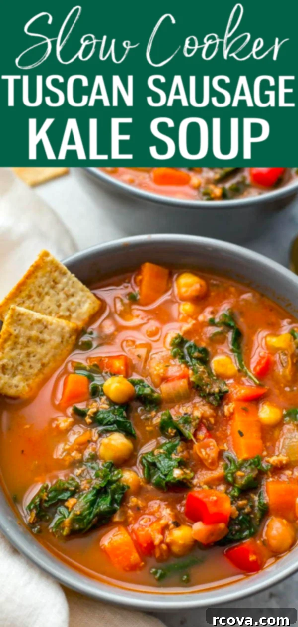 Hearty Tuscan Sausage and Kale Slow Cooker Soup 12 This Slow Cooker Tuscan Sausage and Kale Soup is a hearty, veggie-filled comfort food option for cold days - just dump it all in the crockpot then set it and forget it!  #kalesoup #tuscansausage #slowcooker