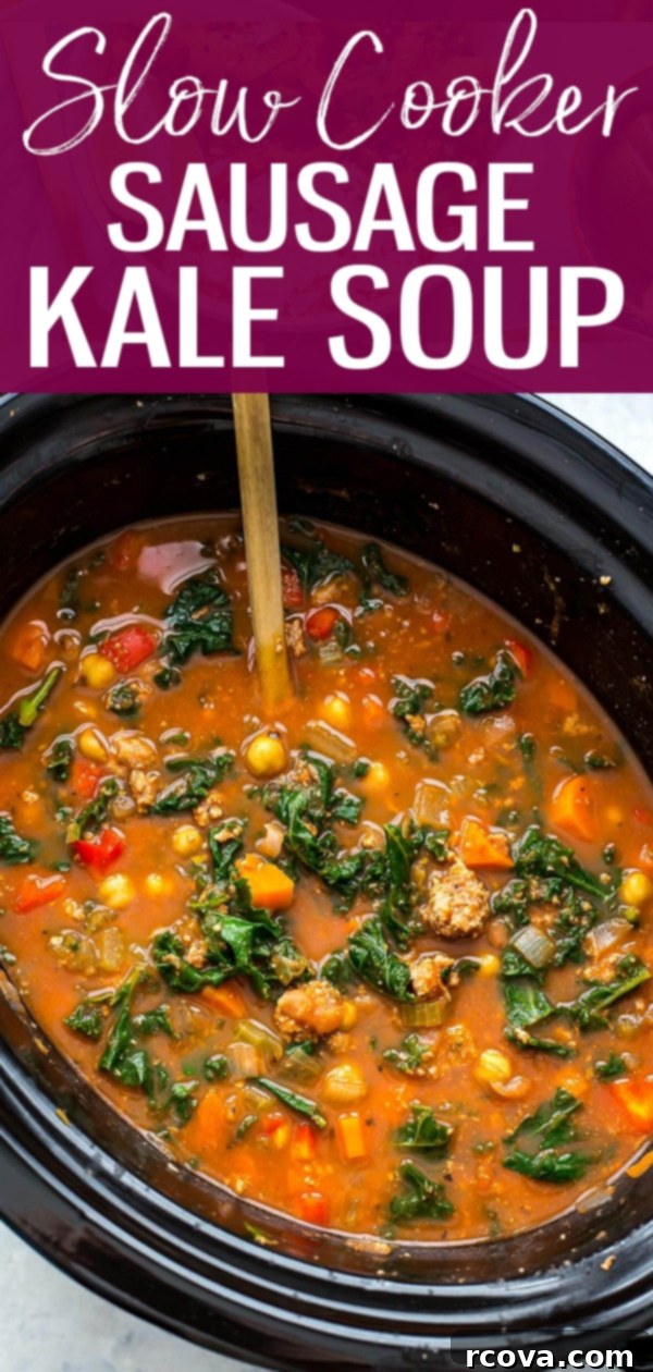 Hearty Tuscan Sausage and Kale Slow Cooker Soup 13 This Slow Cooker Tuscan Sausage and Kale Soup is a hearty, veggie-filled comfort food option for cold days - just dump it all in the crockpot then set it and forget it! #slowcooker #sausagekalesoup