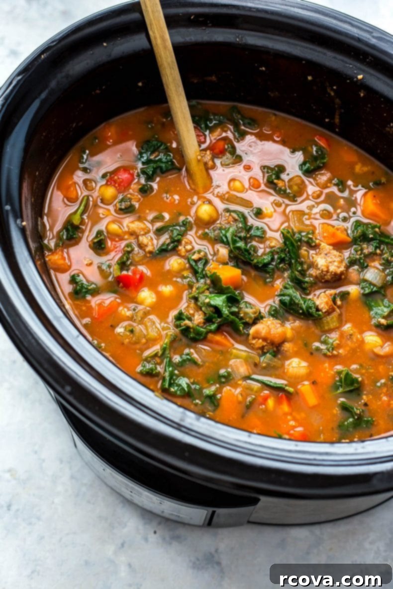 Hearty Tuscan Sausage and Kale Slow Cooker Soup 6 Warm bowl of Slow Cooker Tuscan Sausage and Kale Soup