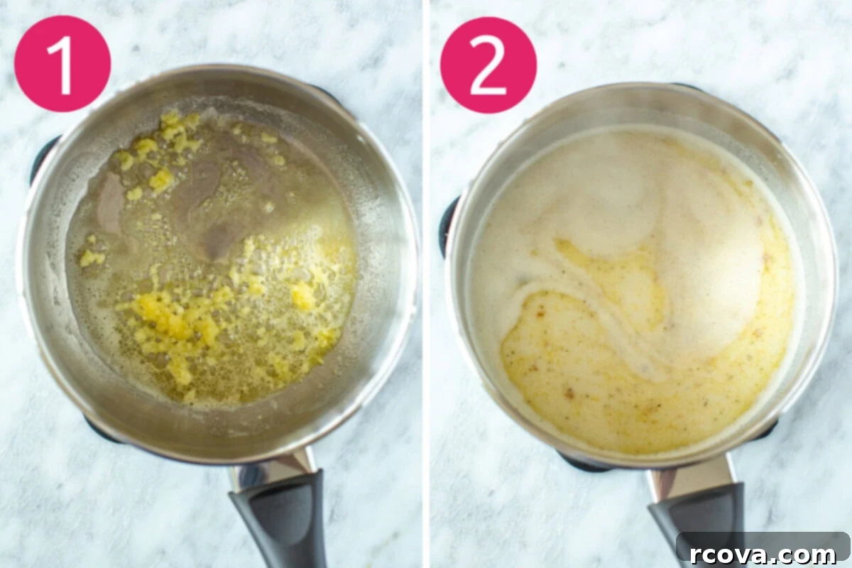 Creamy One-Pot Broccoli Alfredo Pasta 5 Step-by-step cooking: First, minced garlic is sautéed in butter in a large pot. Second, vegetable broth, milk, salt, and pepper are added to create the creamy sauce.