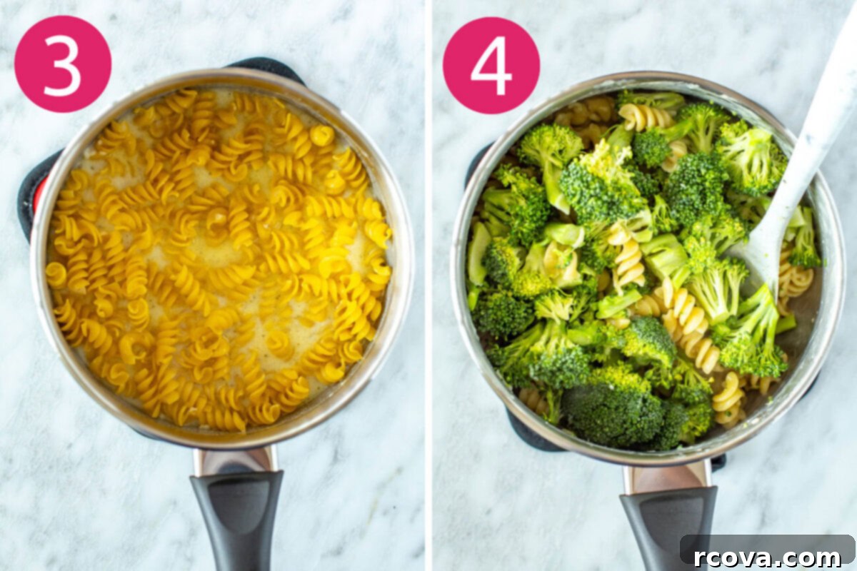 Creamy One-Pot Broccoli Alfredo Pasta 6 Step-by-step cooking: Third, rotini pasta is added to the simmering sauce and stirred. Fourth, fresh broccoli florets are stirred into the pasta during the last minutes of cooking.