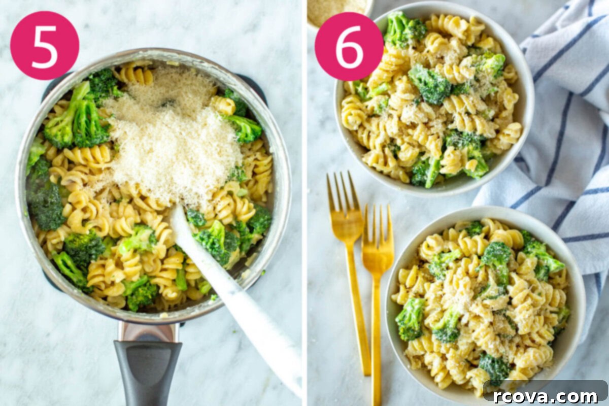 Creamy One-Pot Broccoli Alfredo Pasta 7 Step-by-step cooking: Fifth, heavy cream and Parmesan cheese are stirred into the pasta until smooth and creamy. Sixth, the finished broccoli alfredo pasta is served in bowls, ready to be enjoyed.
