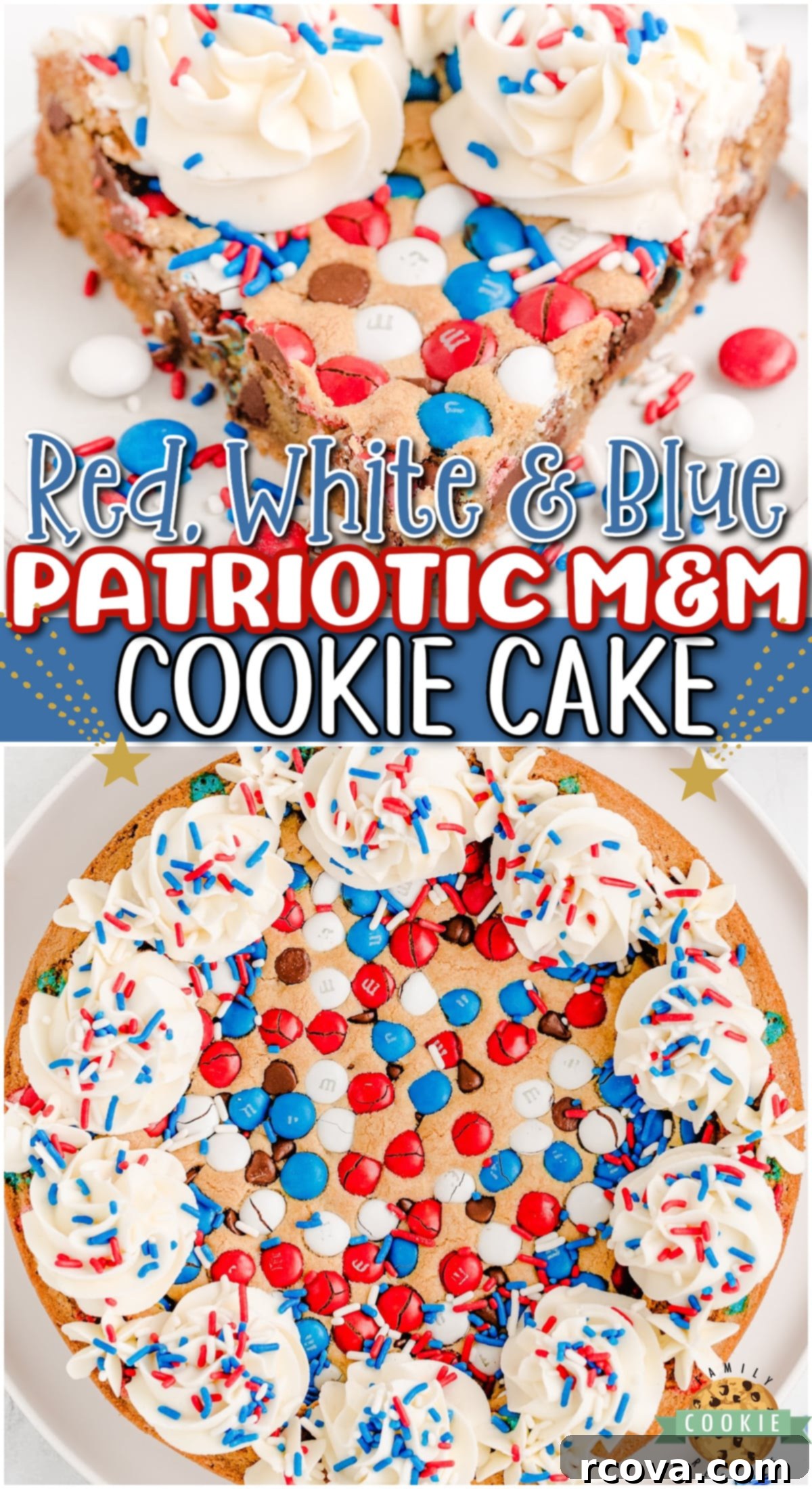Stars and Stripes Cookie Cake 11 Fun, festive red, white & blue Patriotic Cookie Cake perfect for the 4th of July! Perfectly sweet, chewy M&M cookie dough baked & topped with buttercream frosting & sprinkles everyone loves!