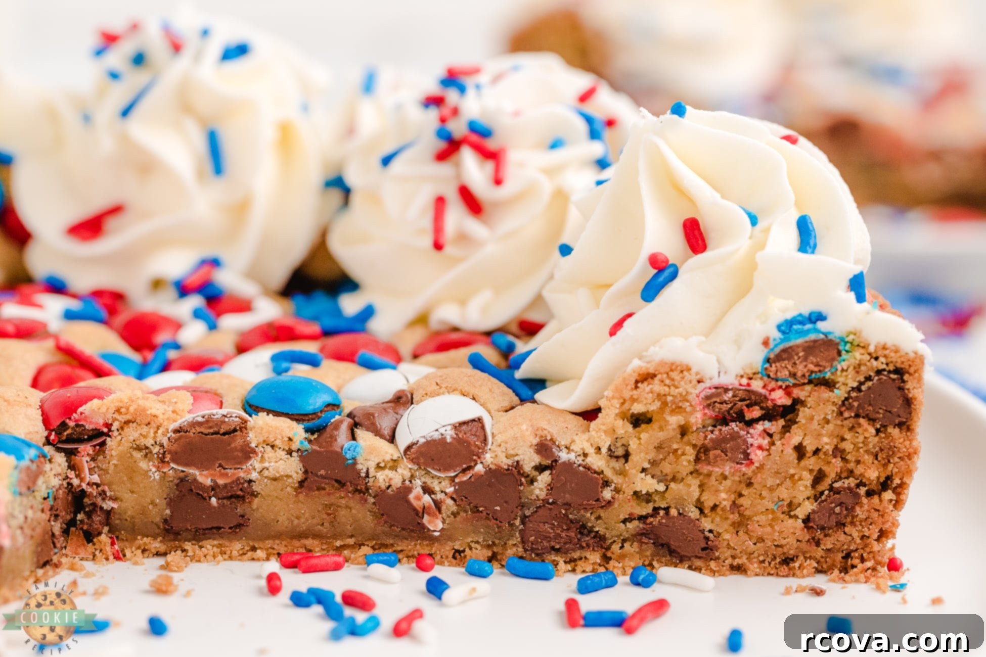 Stars and Stripes Cookie Cake 8 side angel of a slice of red, white and blue cookie cake