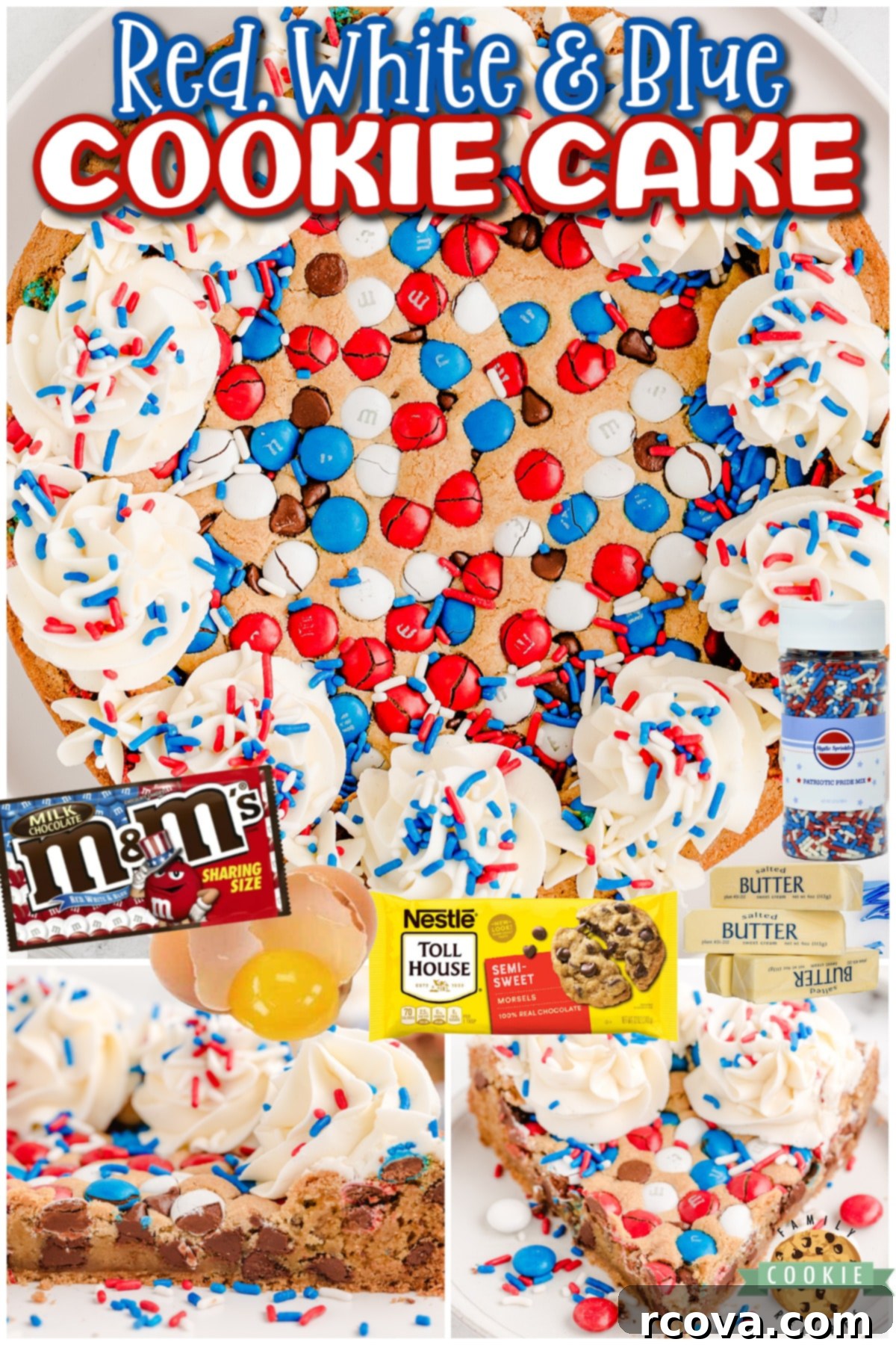 Stars and Stripes Cookie Cake 10 Fun, festive red, white & blue Patriotic Cookie Cake perfect for the 4th of July! Perfectly sweet, chewy M&M cookie dough baked & topped with buttercream frosting & sprinkles everyone loves!