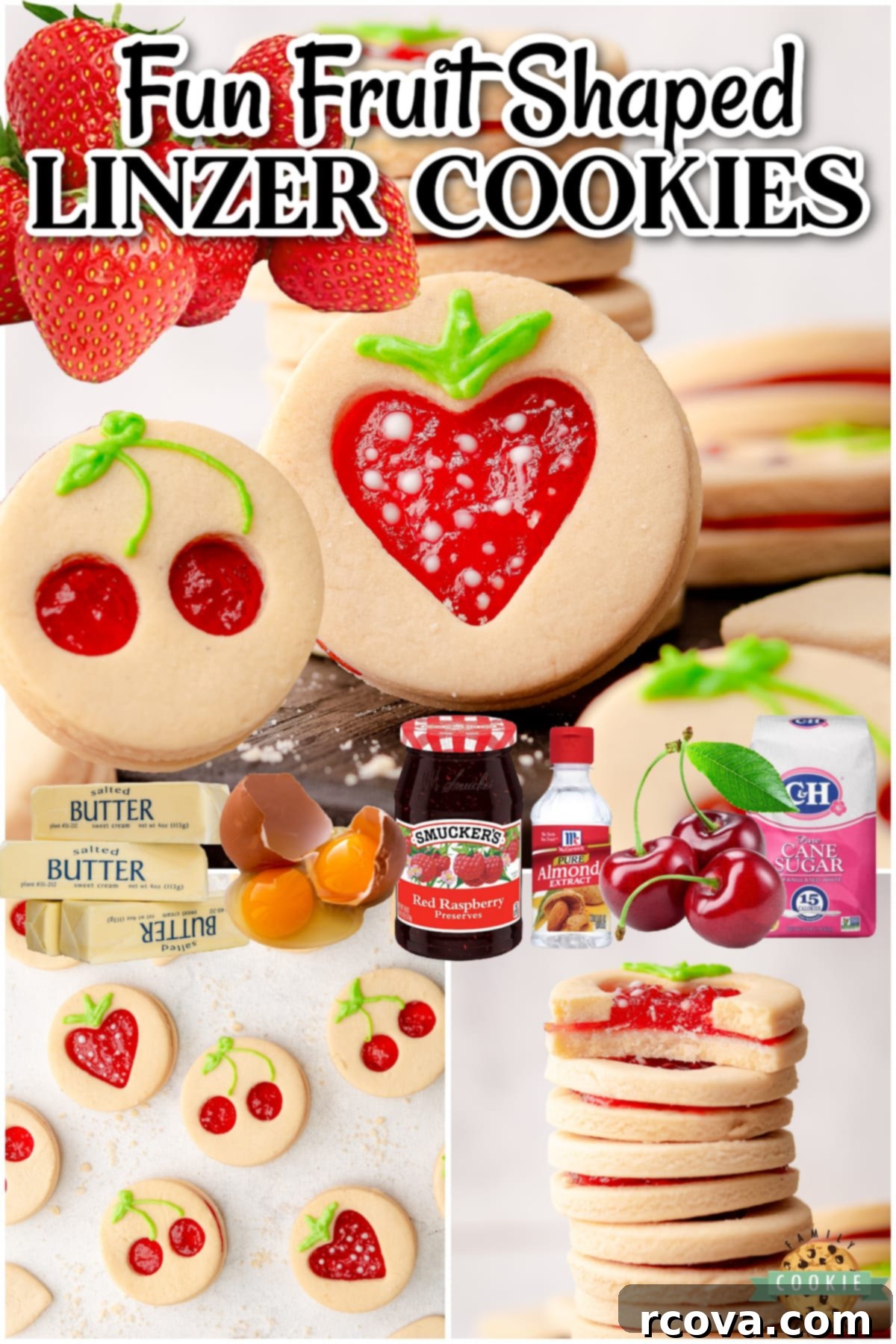 Fruit-Kissed Linzer Cookies 8 Fruit Shaped Linzer Cookies are traditional Linzer cookies with cherry and strawberry shaped cut-outs! Super cute, beautifully spiced Linzer cookies with jam filling make for a delightful treat! Collage