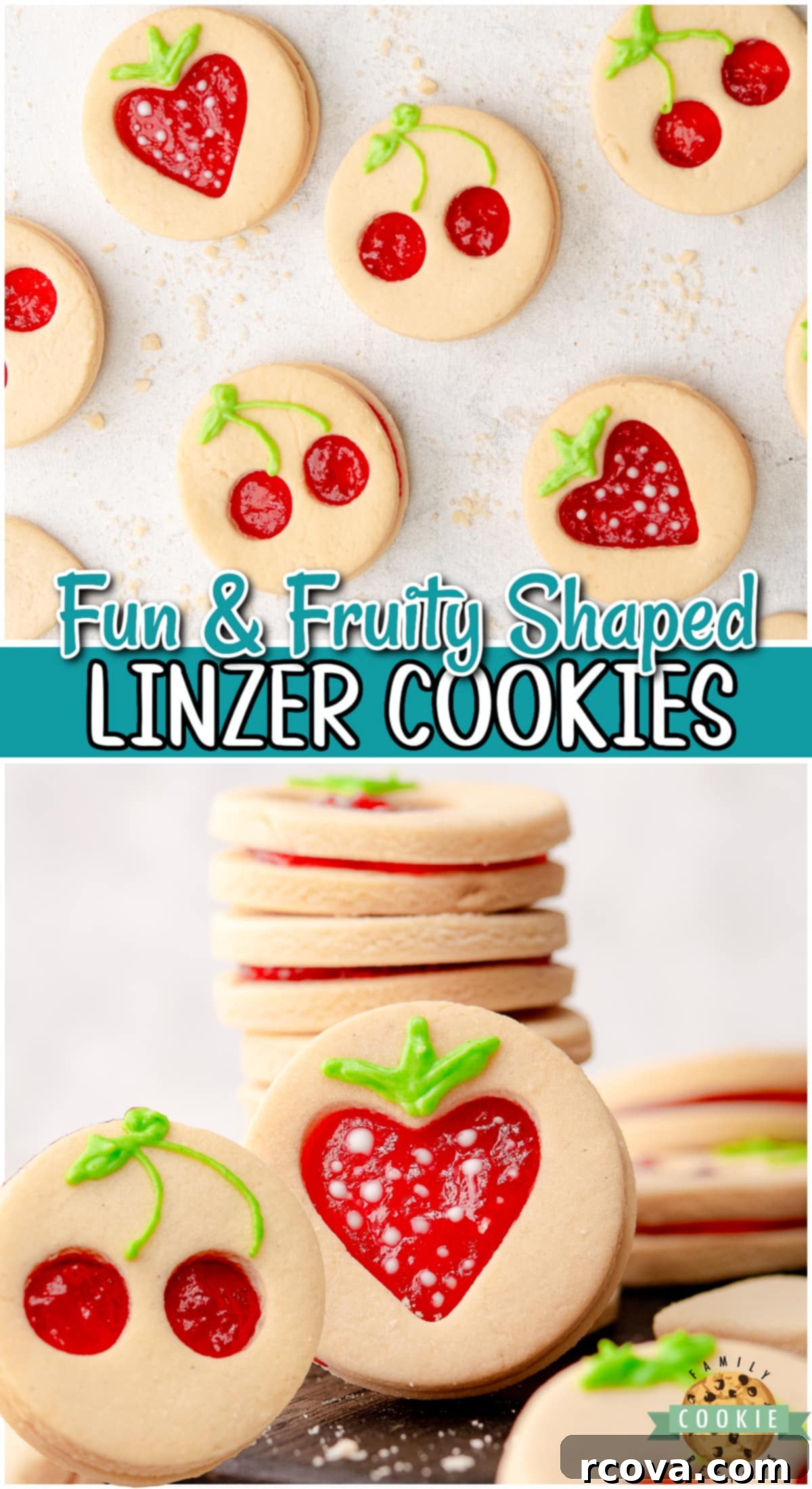 Fruit-Kissed Linzer Cookies 10 Large image of Fruit Shaped Linzer Cookies, emphasizing their cherry and strawberry cut-outs and jam filling