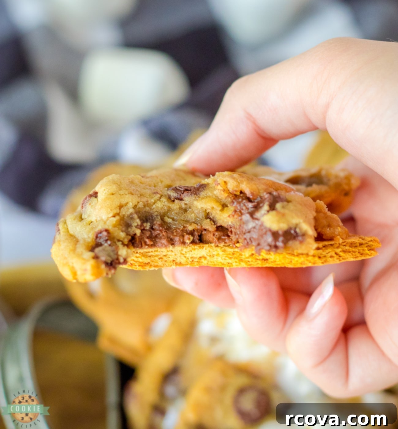 Effortless 4-Ingredient S'mores Chocolate Chip Cookies 3 holding a s'mores cookie
