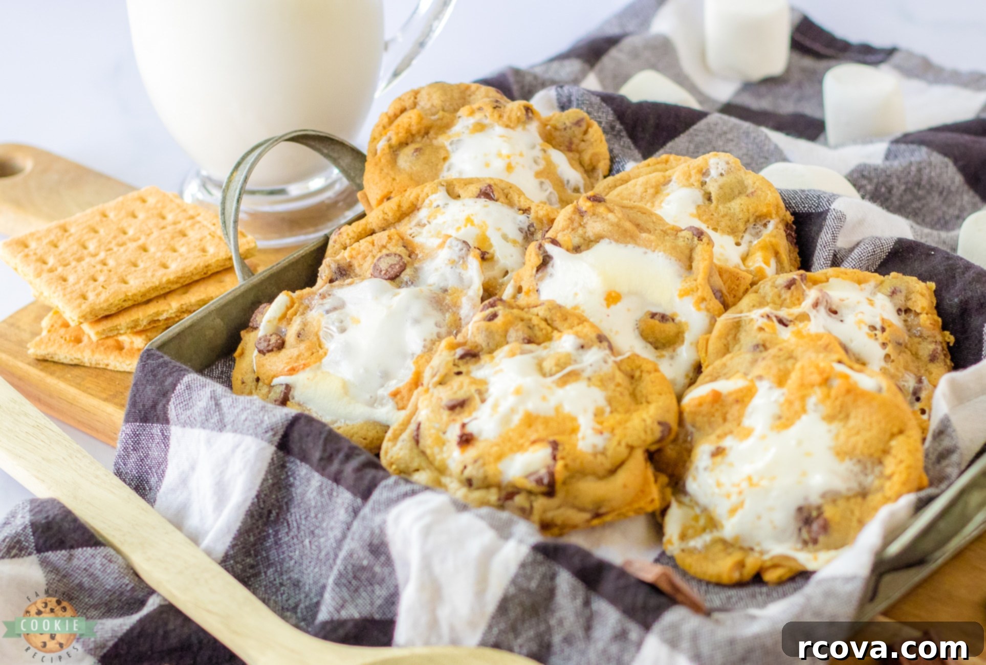 Effortless 4-Ingredient S'mores Chocolate Chip Cookies 7 s'mores cookies on a plate