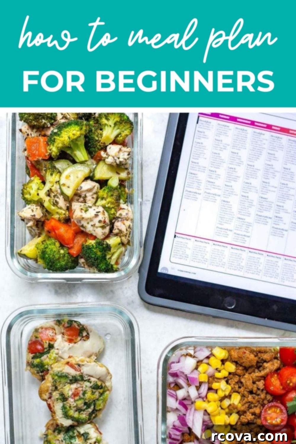 Smart Meal Planning Starts Here 5 Glass meal prep containers with a weekly meal plan, and text that says 'How to Meal Plan for Beginners'