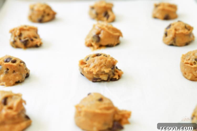 Soft & Chewy Pumpkin Chocolate Chip Cookies 6 Unbaked pumpkin chocolate chip cookie dough dropped onto a greased baking sheet, ready for the oven.