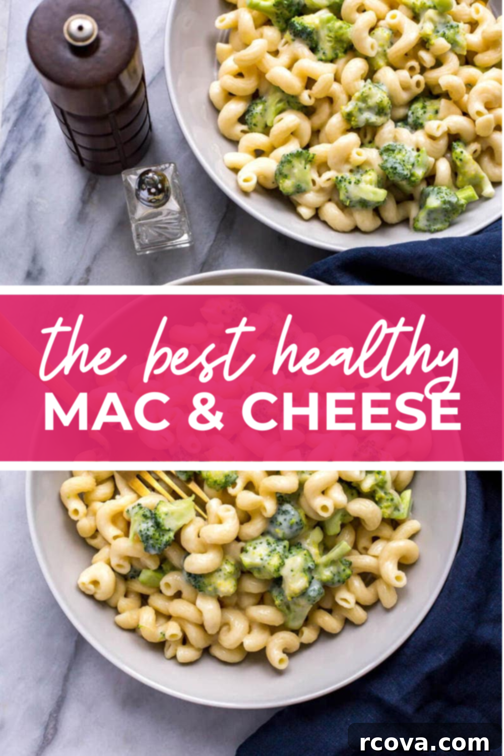 Wholesome Broccoli Mac and Cheese 11 Two white bowls of healthy mac and cheese with broccoli, garnished with fresh herbs, on a light wooden table.