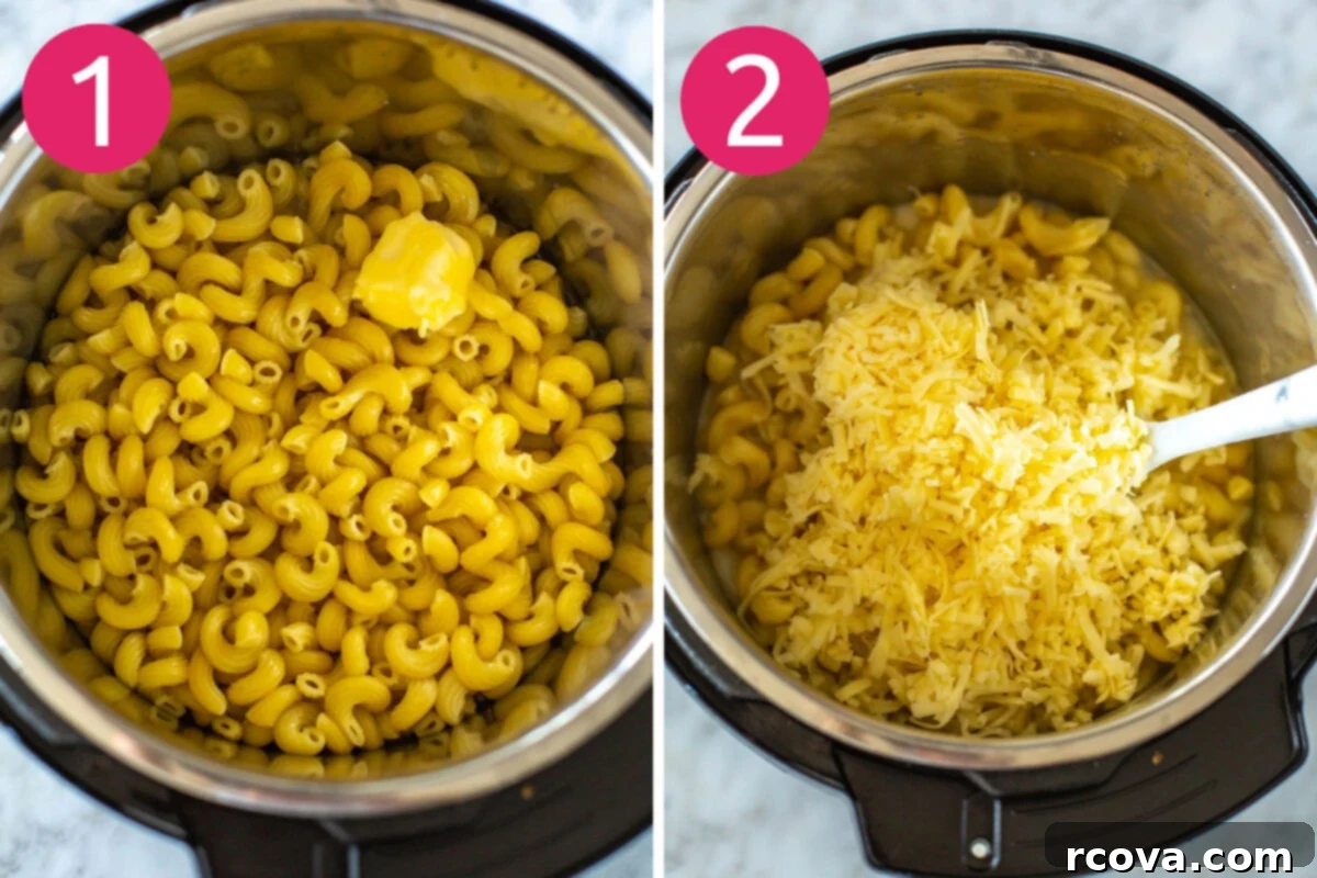 Wholesome Broccoli Mac and Cheese 5 Two side-by-side images showing steps 1 and 2 for making Instant Pot Healthy Mac and Cheese: cooking the pasta and then stirring in milk and cheese.