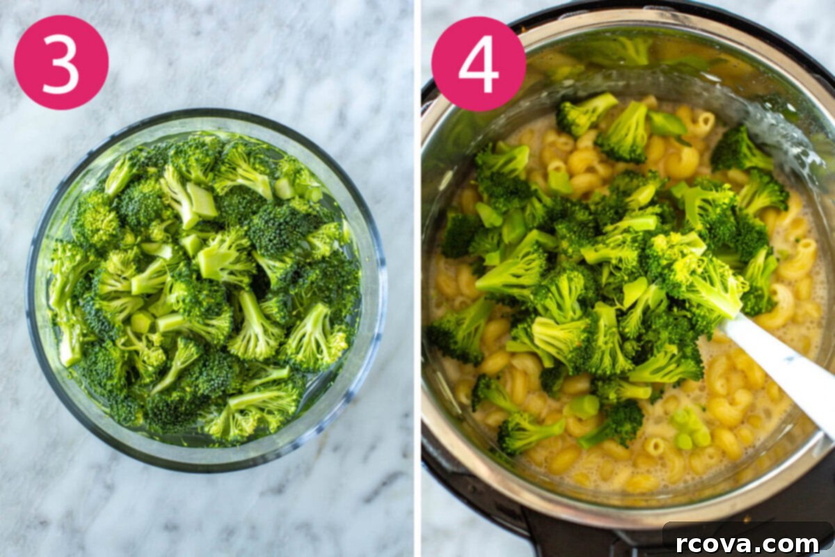 Wholesome Broccoli Mac and Cheese 6 Two side-by-side images showing steps 3 and 4 for making Instant Pot Healthy Mac and Cheese: steaming the broccoli and then stirring it into the pasta.