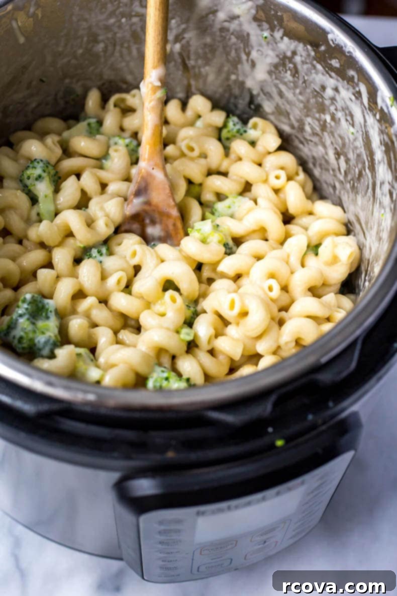 Wholesome Broccoli Mac and Cheese 9 Close-up of a serving of Instant Pot Broccoli Mac and Cheese in a bowl.