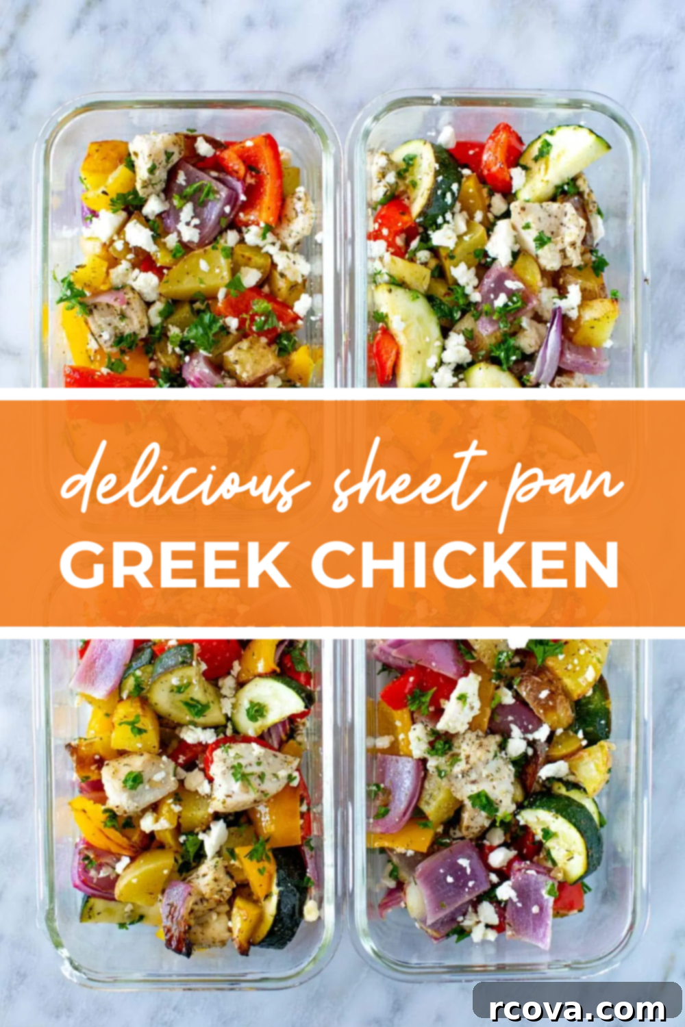 Mediterranean Sheet Pan Chicken: Ready-to-Go Meals 11 overhead shot of plated dish with orange banner in the middle - reading "delicious sheet pan greek chicken"