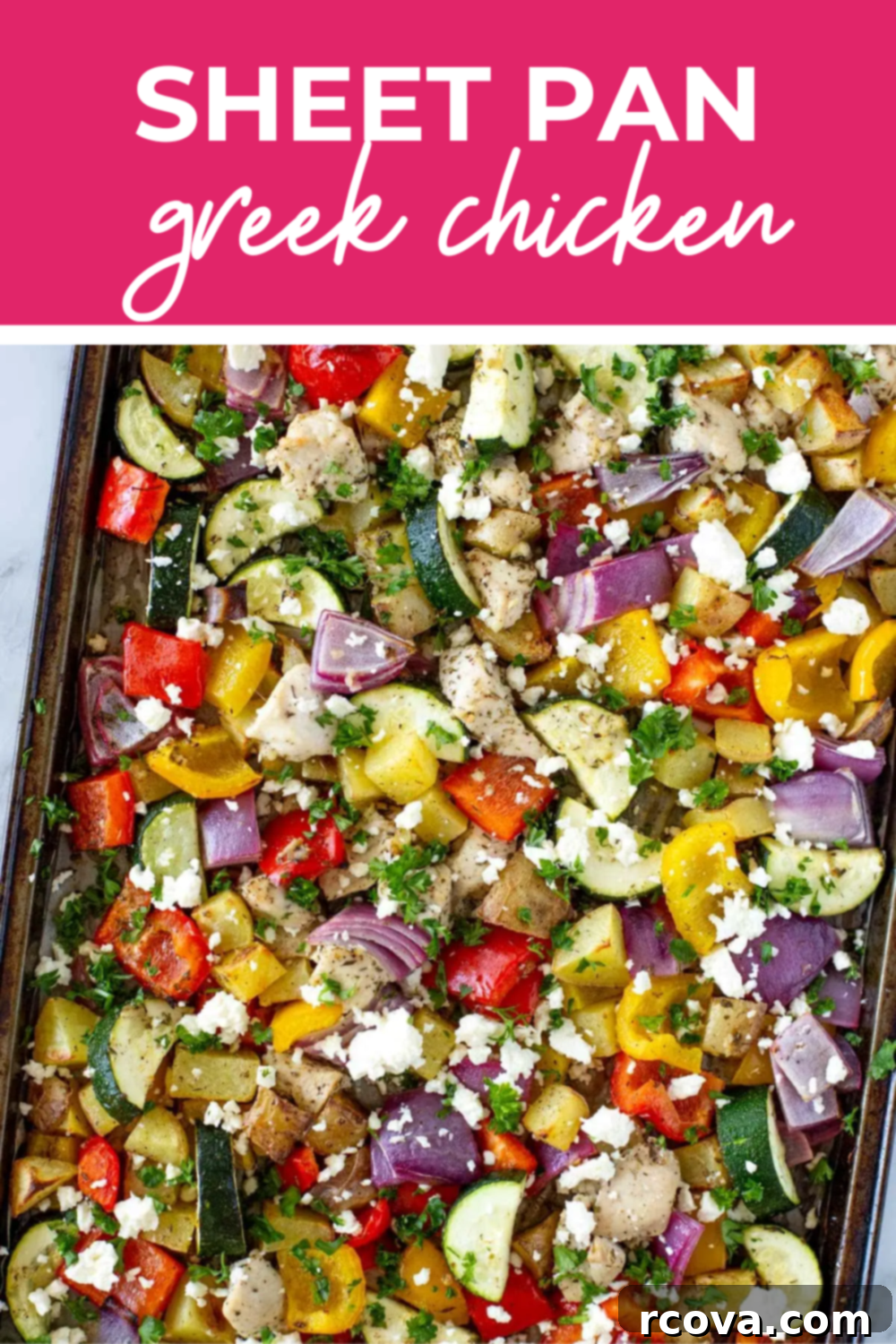 Mediterranean Sheet Pan Chicken: Ready-to-Go Meals 12 overhead shot of plated dish with pink banner on the top - reading "delicious sheet pan greek chicken"