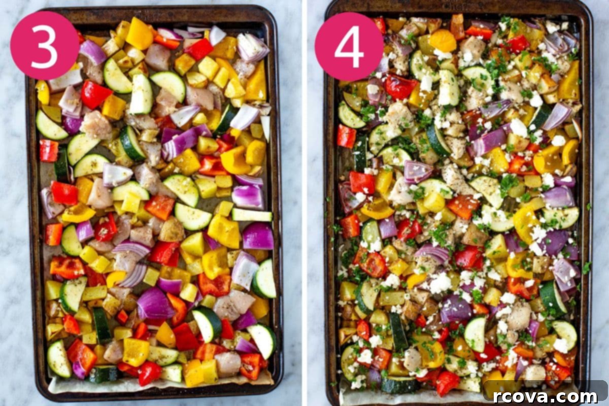 Mediterranean Sheet Pan Chicken: Ready-to-Go Meals 6 Steps 3 and 4 for making sheet pan Greek chicken, showing all ingredients on a baking sheet and the finished dish with feta