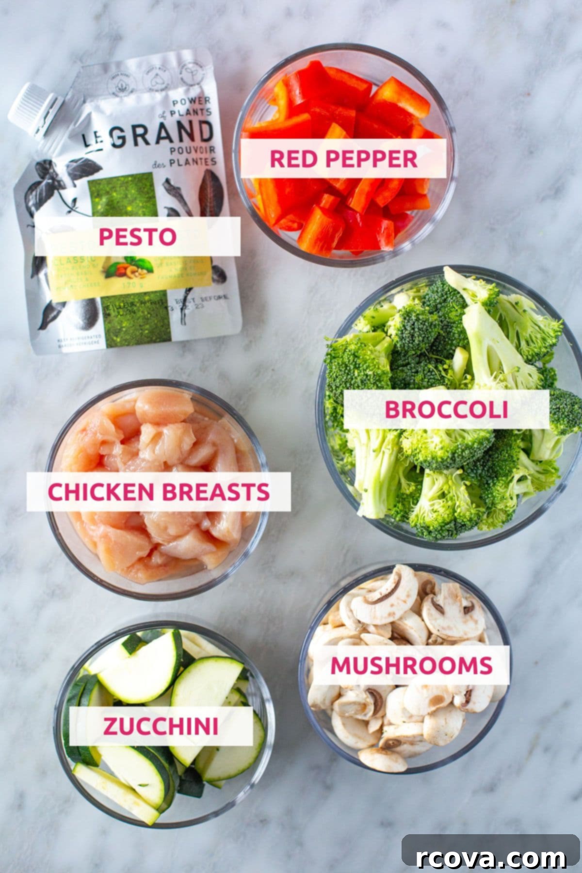 One-Pan Pesto Chicken Dinner 4 Fresh ingredients for a healthy sheet pan pesto chicken meal: vibrant green broccoli, juicy red bell pepper, sliced mushrooms, zucchini, and raw chicken breasts, alongside a jar of rich pesto.