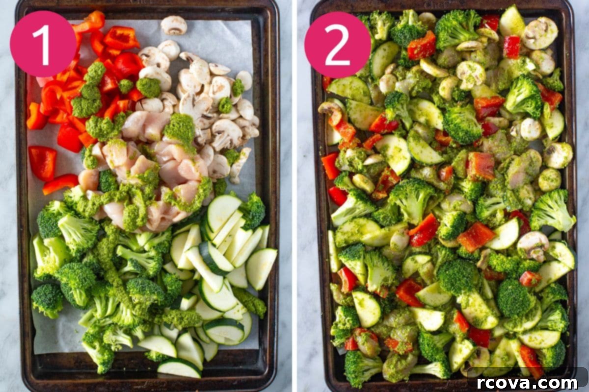 One-Pan Pesto Chicken Dinner 5 Initial steps for preparing sheet pan pesto chicken: diced chicken, sliced mushrooms, chopped red pepper, broccoli florets, and zucchini laid out on a parchment-lined baking sheet, ready for pesto.