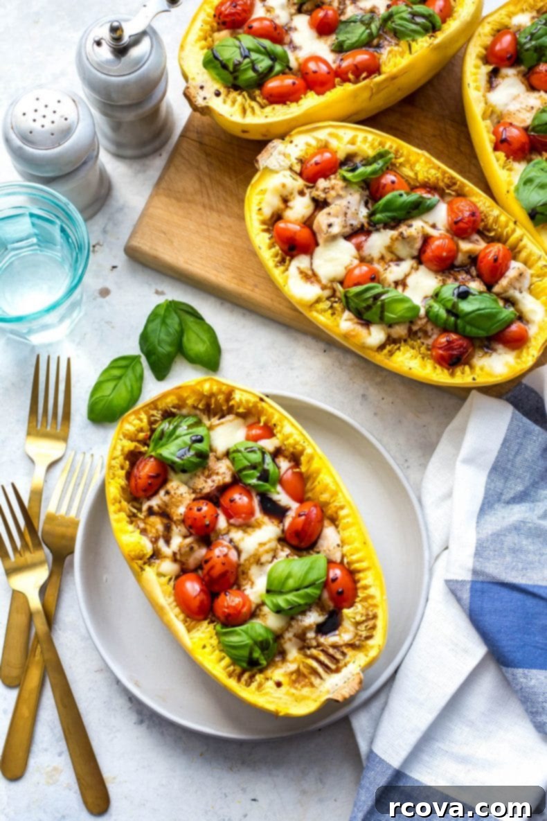 Caprese Chicken Stuffed Spaghetti Squash 2 Flavorful Chicken Caprese Spaghetti Squash Boats for a Healthy Dinner
