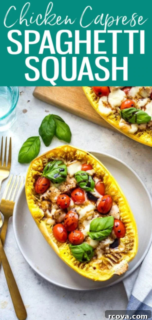 Caprese Chicken Stuffed Spaghetti Squash 10 Pin this low-carb Chicken Caprese Spaghetti Squash Boats recipe for later!