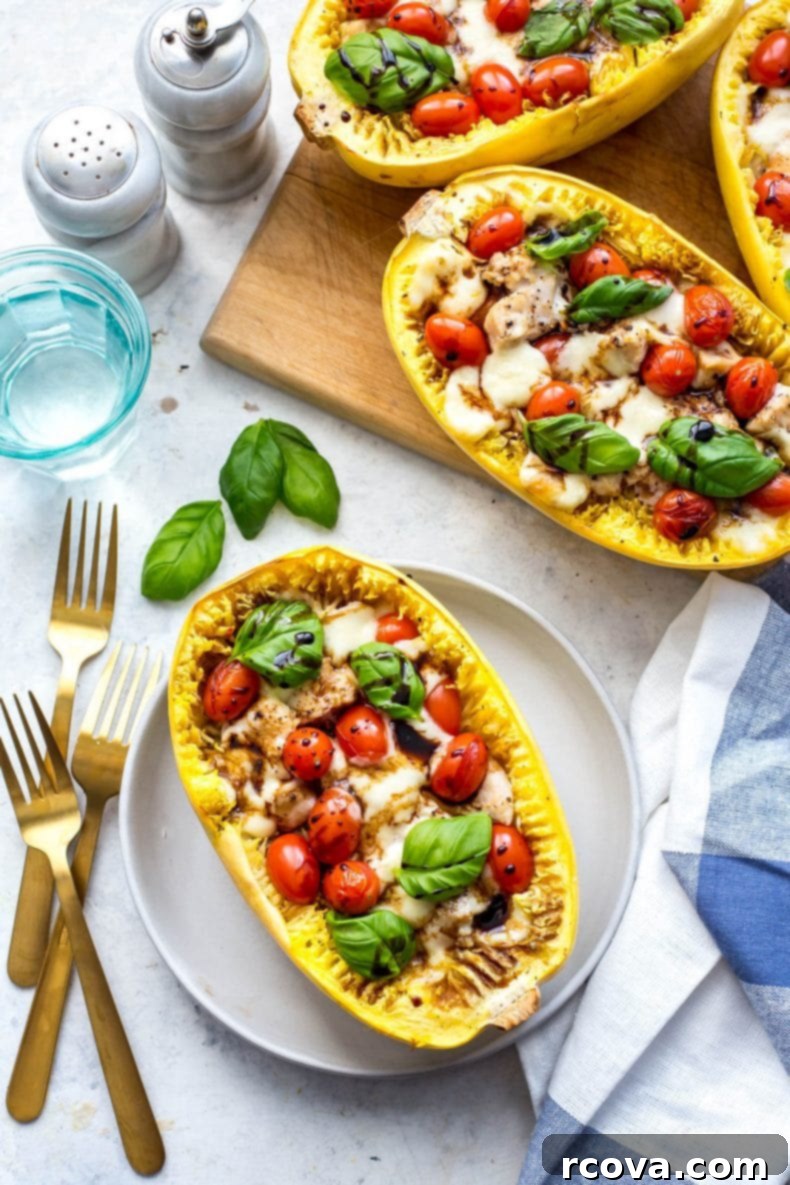 Caprese Chicken Stuffed Spaghetti Squash 7 Baked Chicken Caprese Spaghetti Squash Boats with melted cheese