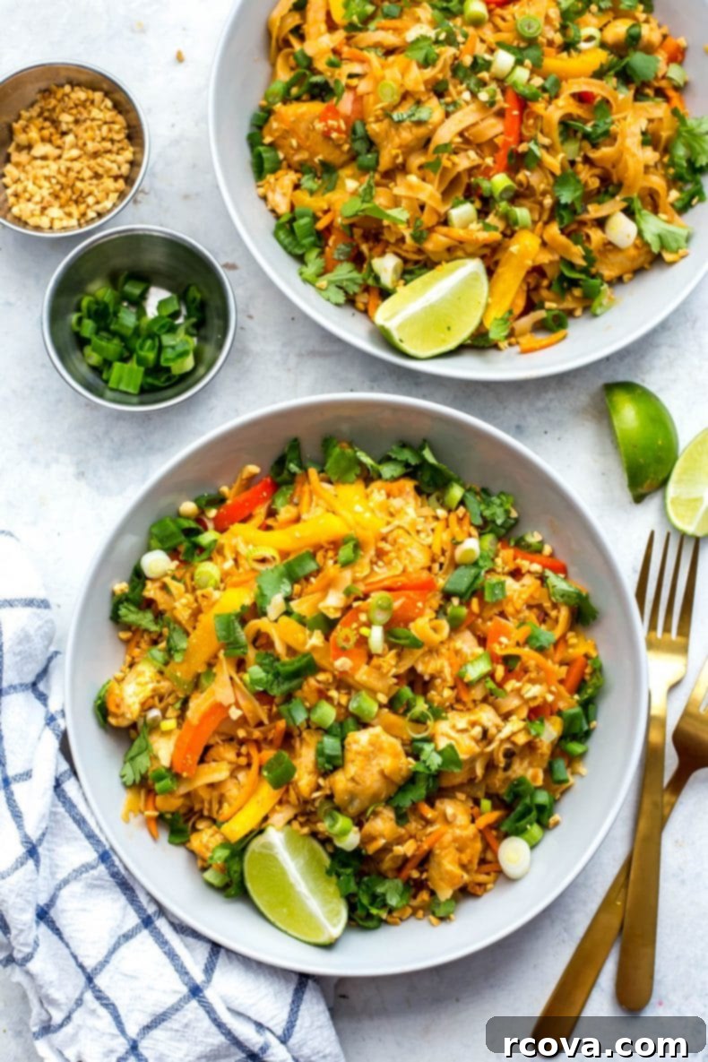 Easy Instant Pot Chicken Pad Thai 2 Instant Pot Chicken Pad Thai - close up of a bowl of delicious noodles with chicken, peanuts, and cilantro garnish