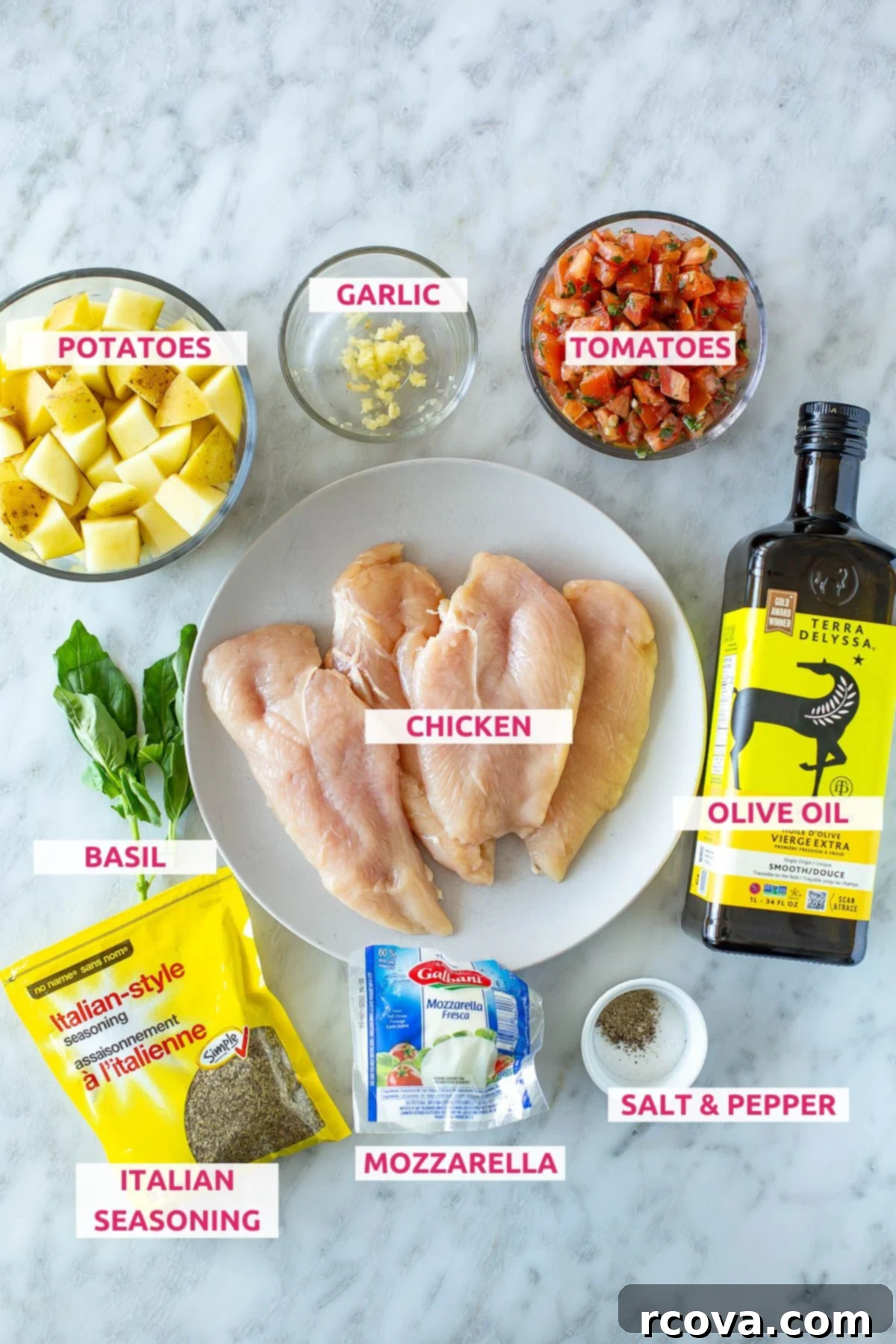 One-Pan Bruschetta Chicken Bake 4 Sheet pan chicken bruschetta ingredients laid out