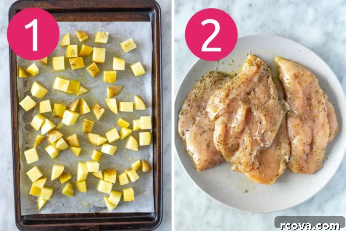 One-Pan Bruschetta Chicken Bake 5 Sheet pan chicken bruschetta steps 1-2