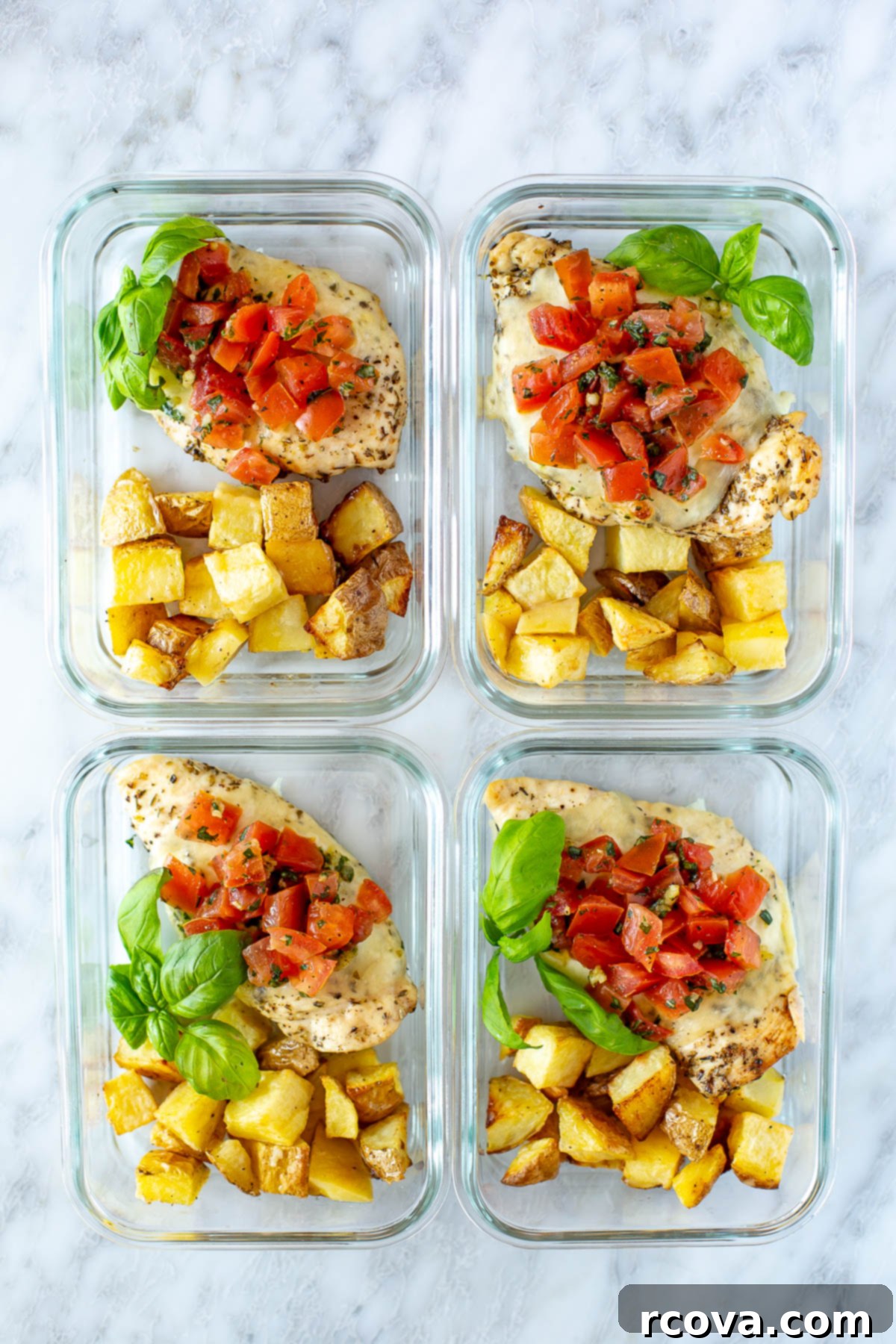 One-Pan Bruschetta Chicken Bake 10 Four square containers with chicken, potatoes and bruschetta prepped for meals