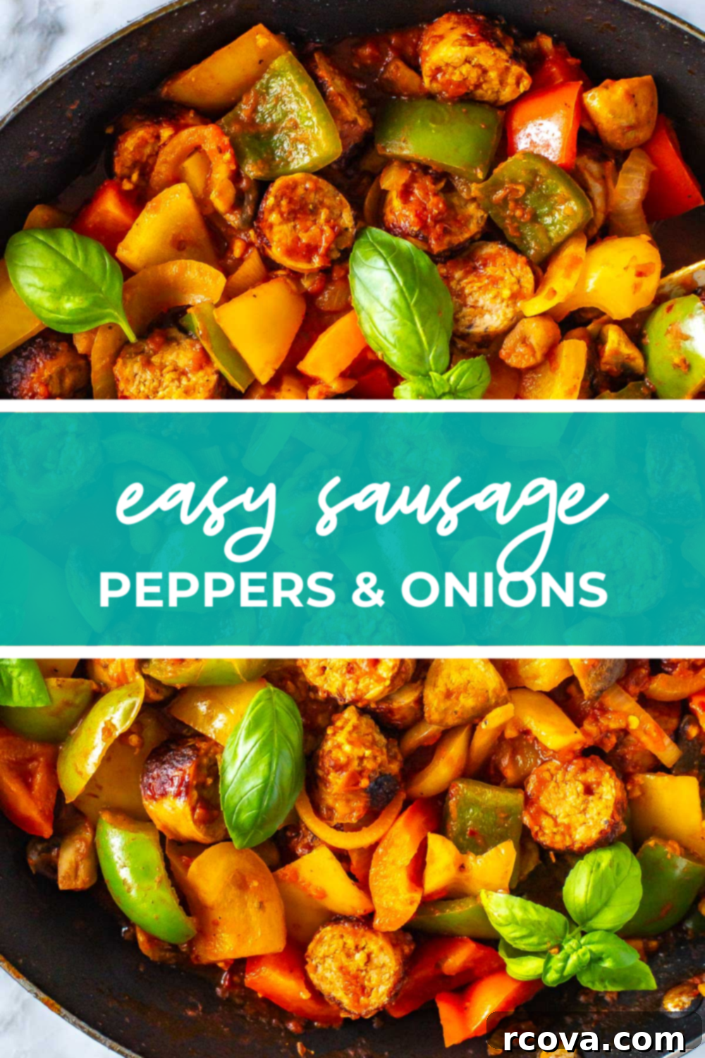 One-Pan Sausage, Peppers and Onions 13 overhead shot of sausage peppers and onion dish with blue banner and white text reading "easy sausage peppers & onions"
