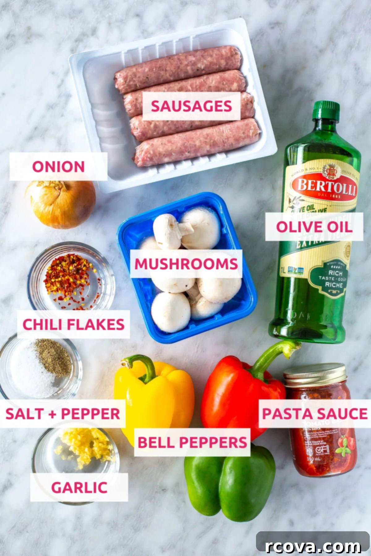 One-Pan Sausage, Peppers and Onions 4 Fresh ingredients for a delicious sausage, peppers, and onions skillet: turkey sausages, olive oil, quartered mushrooms, sliced yellow onion, colorful bell peppers, minced garlic, red chili flakes, pasta sauce, and salt and pepper.