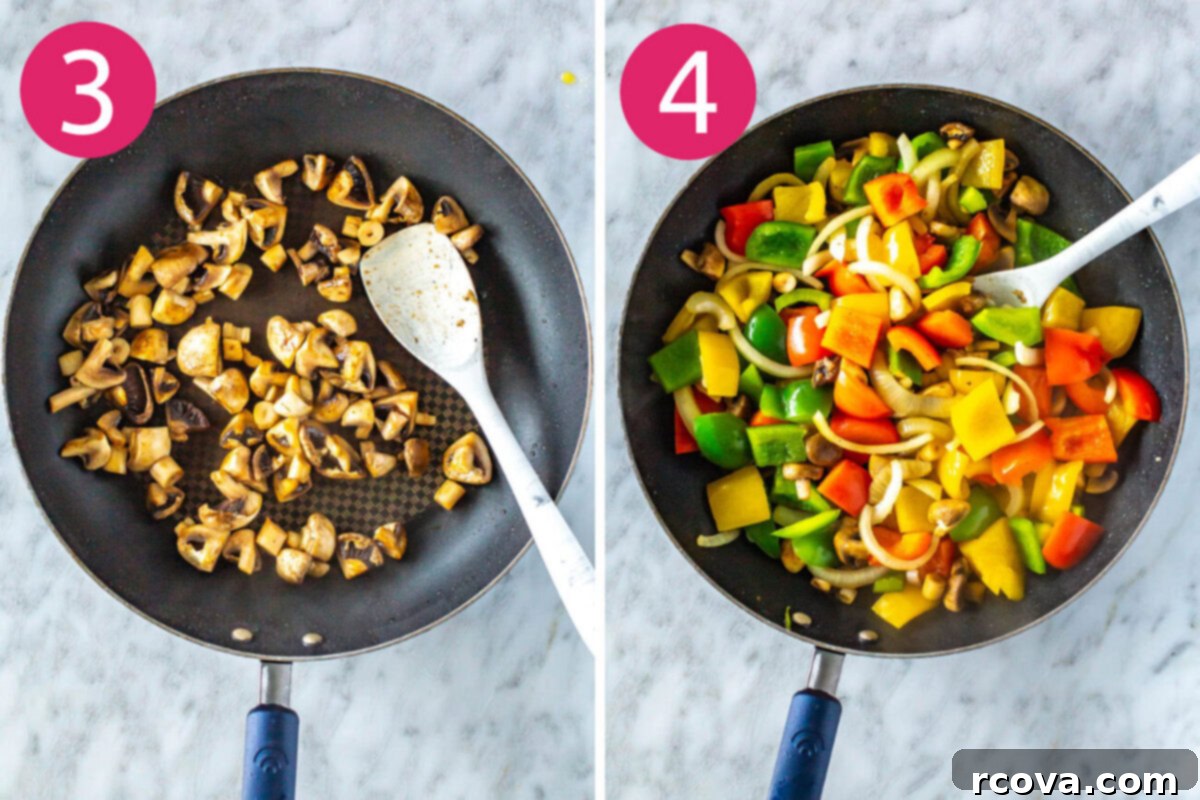One-Pan Sausage, Peppers and Onions 6 Steps 3 and 4 for making sausage, peppers and onions: Sauté quartered mushrooms in the same skillet, then add and cook sliced onions and bell peppers until tender-crisp.