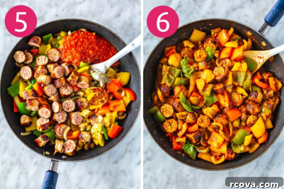 One-Pan Sausage, Peppers and Onions 7 Steps 5 and 6 for making sausage, peppers and onions: Combine sliced sausage, spices, and pasta sauce in the skillet and cook until the flavors meld and the dish is heated through.