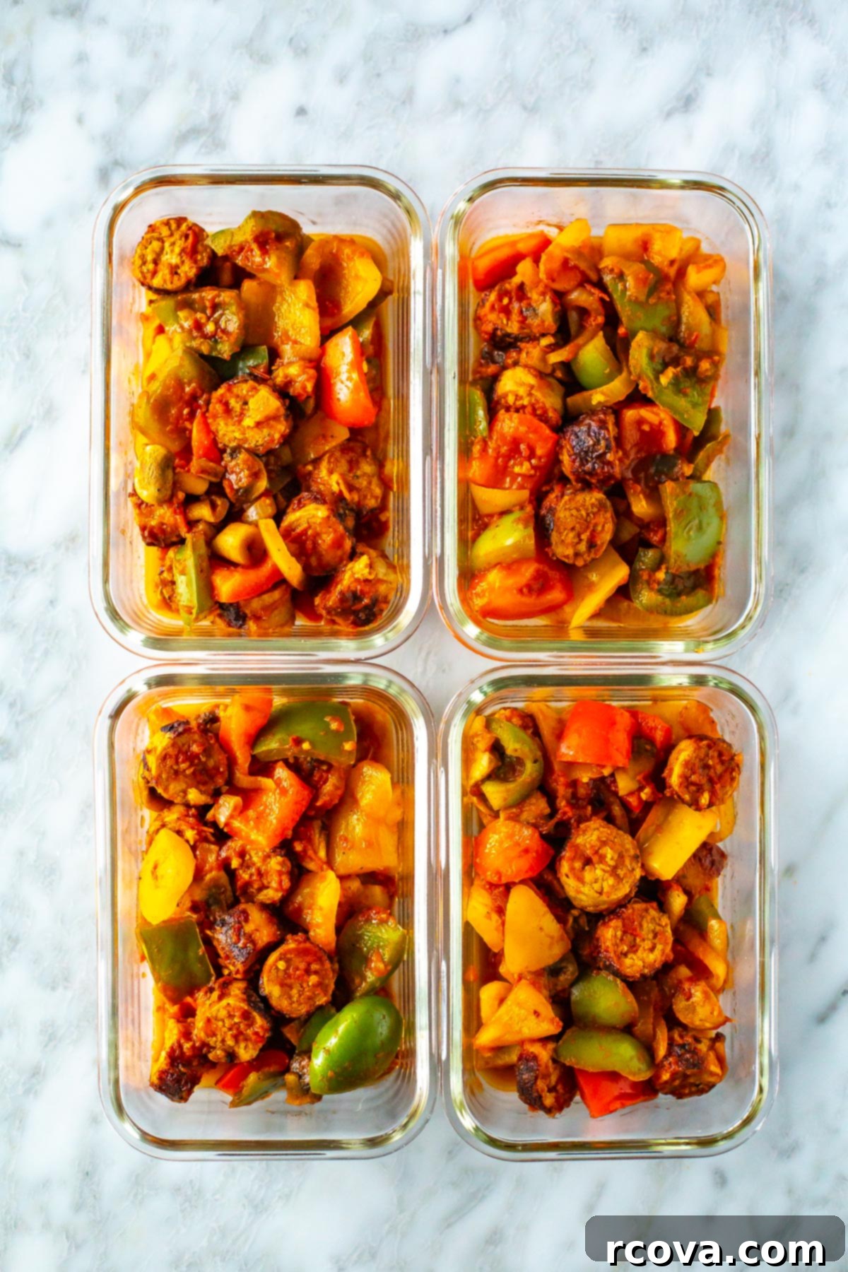One-Pan Sausage, Peppers and Onions 10 Four perfectly prepared meal prep containers, each filled with a generous serving of the vibrant and savory sausage, peppers, and onions skillet.