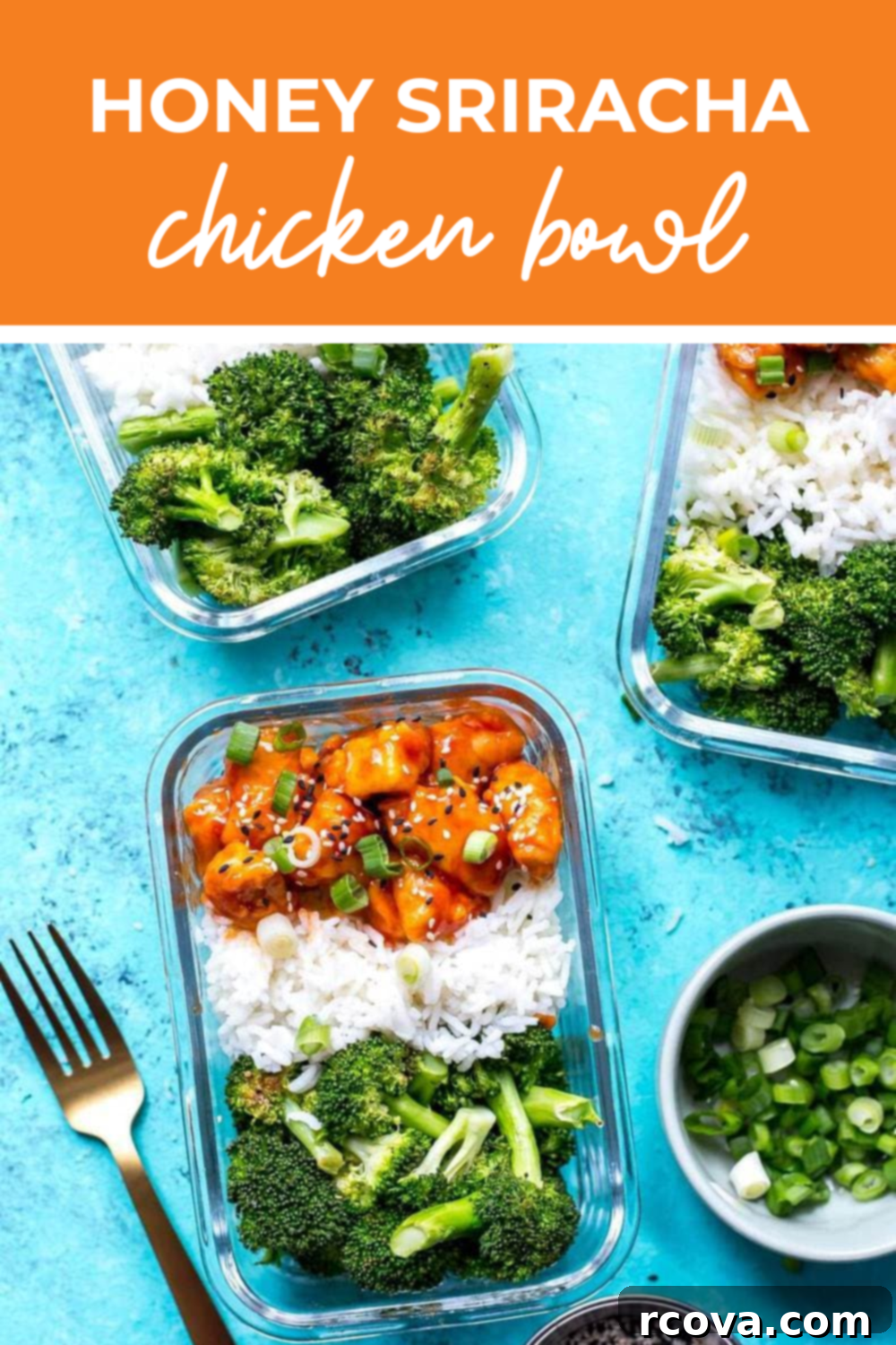 Sweet Heat Honey Sriracha Chicken Bowls 13 overhead shot of 4 meal prepped dishes with pink banner reading "honey sriracha chicken bowl"
