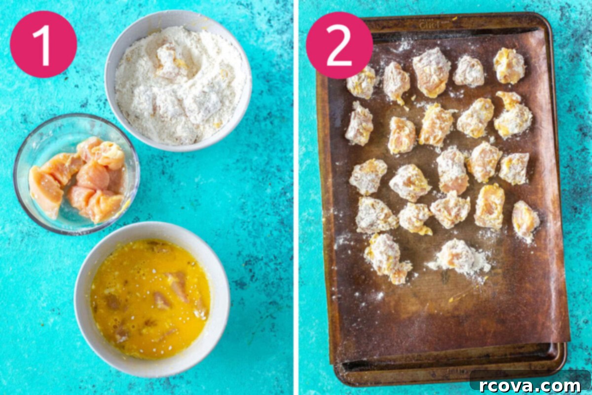 Sweet Heat Honey Sriracha Chicken Bowls 5 Steps 1 and 2 for making honey sriracha chicken meal prep bowls: breading the chicken and baking it on a sheet pan.