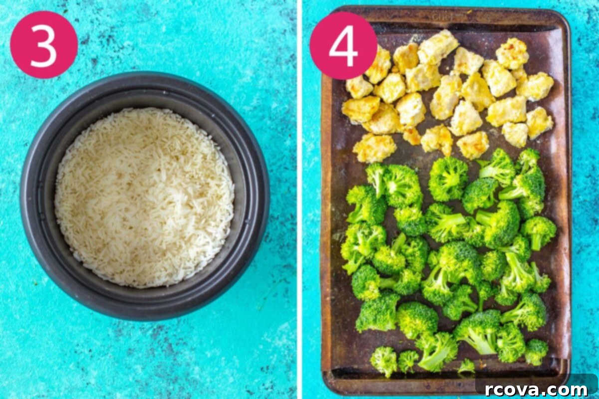 Sweet Heat Honey Sriracha Chicken Bowls 6 Steps 3 and 4 for making honey sriracha chicken meal prep bowls: cooking the rice, flipping the chicken, and adding broccoli to the pan.