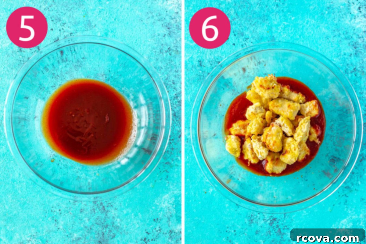 Sweet Heat Honey Sriracha Chicken Bowls 7 Steps 5 and 6 for making honey sriracha chicken meal prep bowls: making the sauce and coating the chicken with it before garnishing.