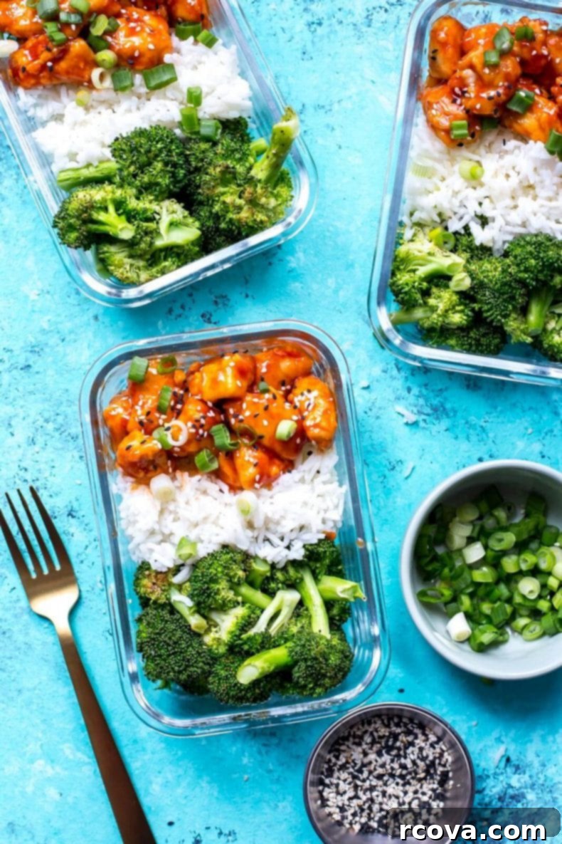 Sweet Heat Honey Sriracha Chicken Bowls 10 Honey Sriracha Chicken Meal Prep Bowls, arranged neatly for a week of healthy meals.