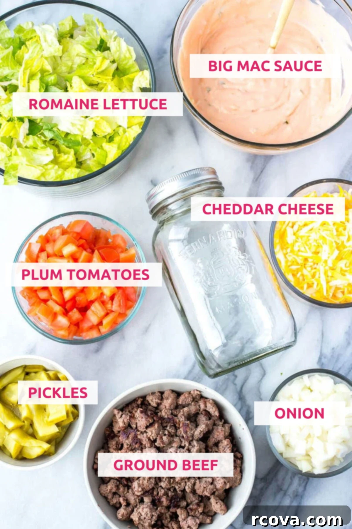 Effortless Big Mac Salad 4 Ingredients for big mac salad jars: romaine lettuce, big mac sauce, tomatoes, cheddar cheese, pickles, ground beef and onion.