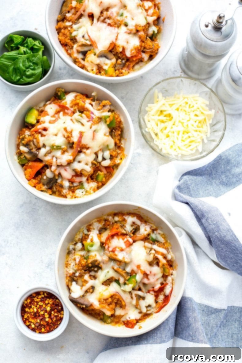 Cheesy Instant Pot Pizza Quinoa Bake 4 Close-up of Instant Pot Pizza Quinoa Casserole with melted cheese