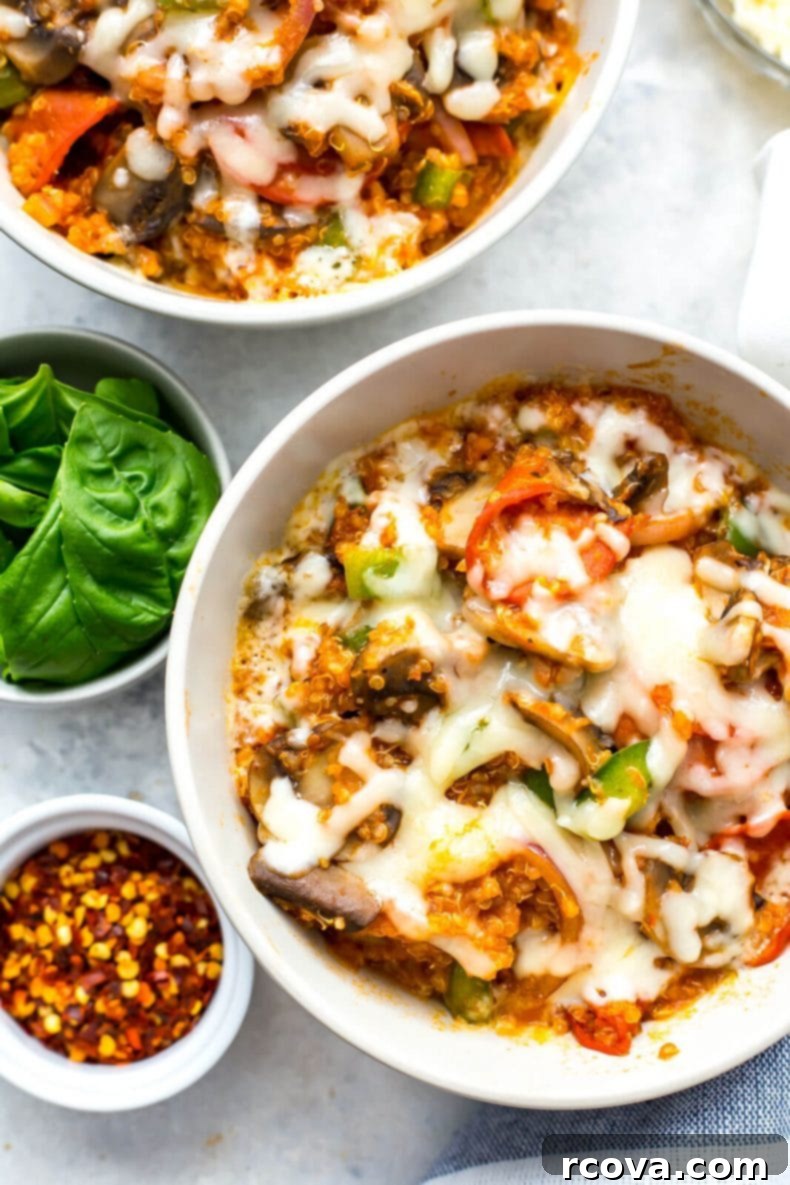 Cheesy Instant Pot Pizza Quinoa Bake 5 Healthy Instant Pot Pizza Quinoa Casserole with fresh basil garnish