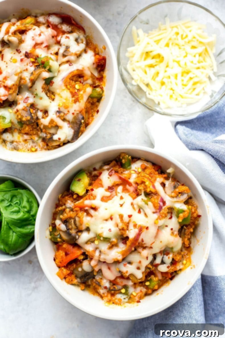 Cheesy Instant Pot Pizza Quinoa Bake 6 Individual serving of Instant Pot Pizza Quinoa Casserole ready for meal prep