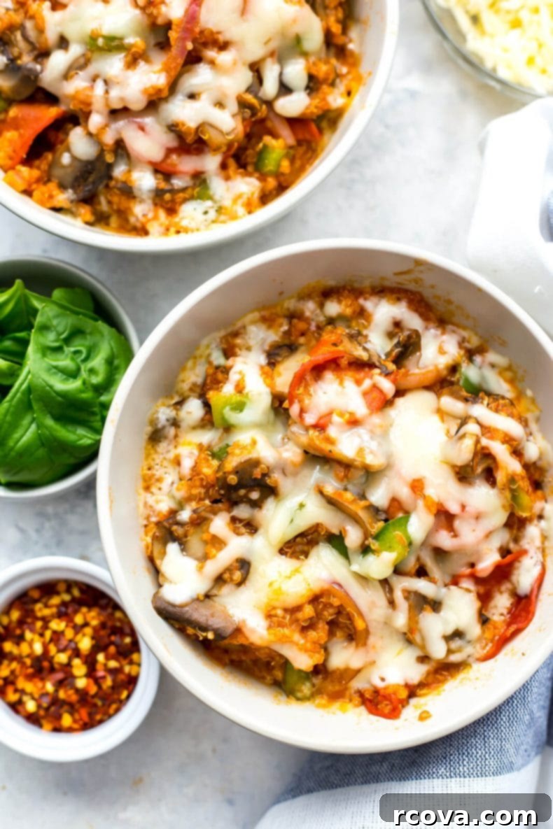 Cheesy Instant Pot Pizza Quinoa Bake 7 Overhead shot of Instant Pot Pizza Quinoa Casserole in an Instant Pot